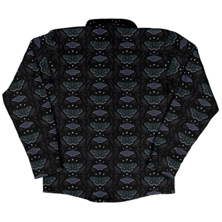 Episodic Moths Black Long Sleeve Button Up Shirt Geek Nerd adult sizing Botany Print Design by Episodic