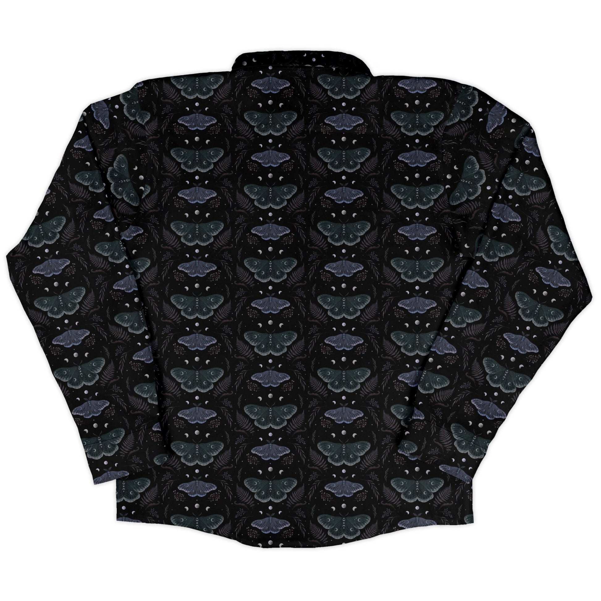 Episodic Moths Black Long Sleeve Button Up Shirt Geek Nerd adult sizing Botany Print Design by Episodic