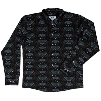Episodic Moths Black Long Sleeve Button Up Shirt Geek Nerd adult sizing Botany Print Design by Episodic