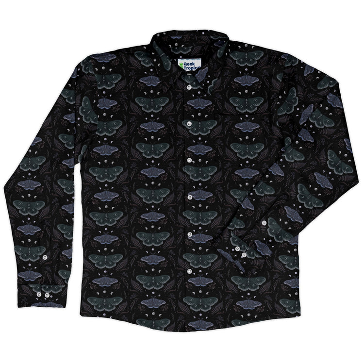 Episodic Moths Black Long Sleeve Button Up Shirt Geek Nerd adult sizing Botany Print Design by Episodic