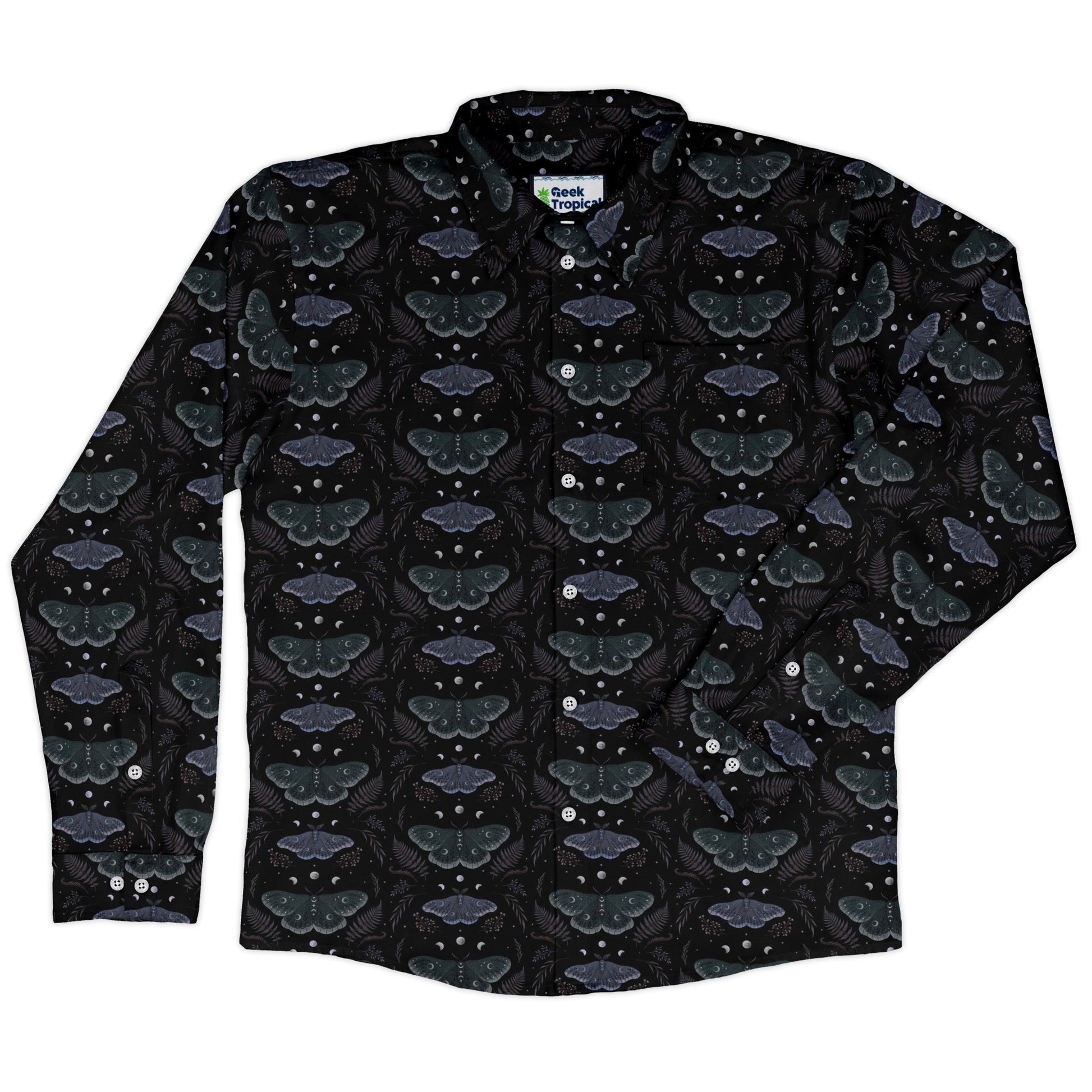 Episodic Moths Black Long Sleeve Button Up Shirt Geek Nerd adult sizing Botany Print Design by Episodic