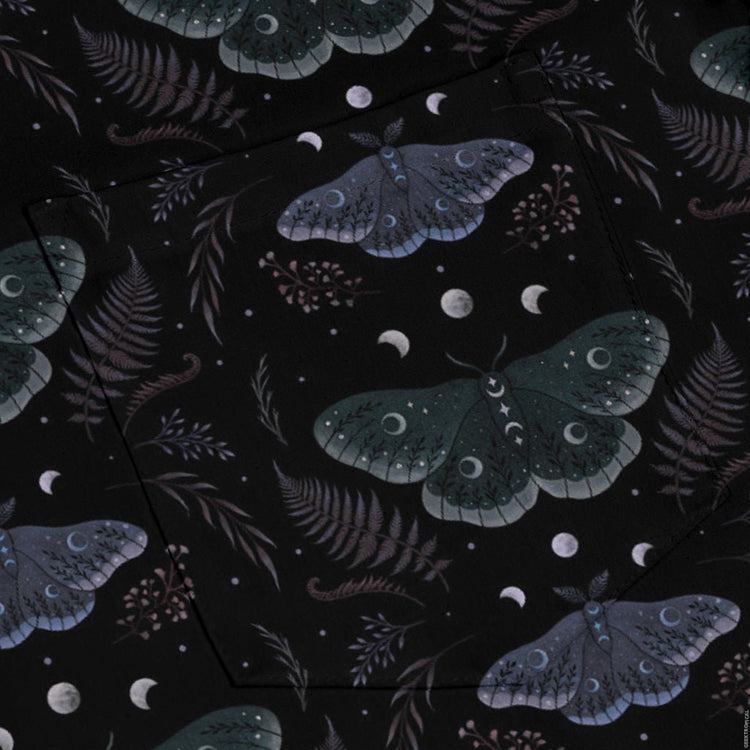 Episodic Moths Black Long Sleeve Button Up Shirt Geek Nerd adult sizing Botany Print Design by Episodic