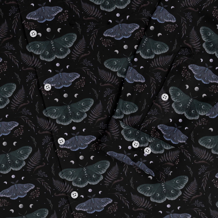 Episodic Moths Black Long Sleeve Button Up Shirt Geek Nerd adult sizing Botany Print Design by Episodic