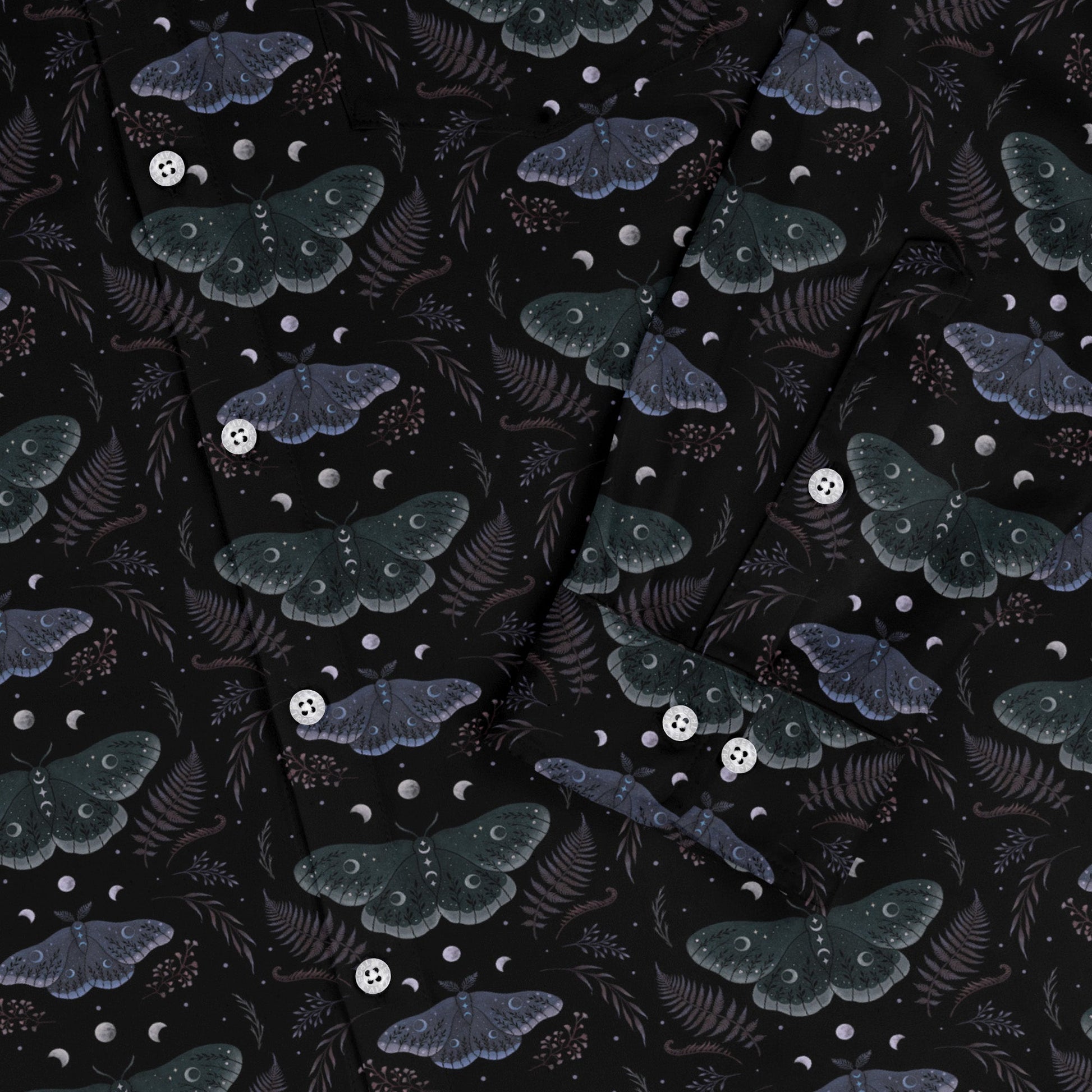 Episodic Moths Black Long Sleeve Button Up Shirt Geek Nerd adult sizing Botany Print Design by Episodic