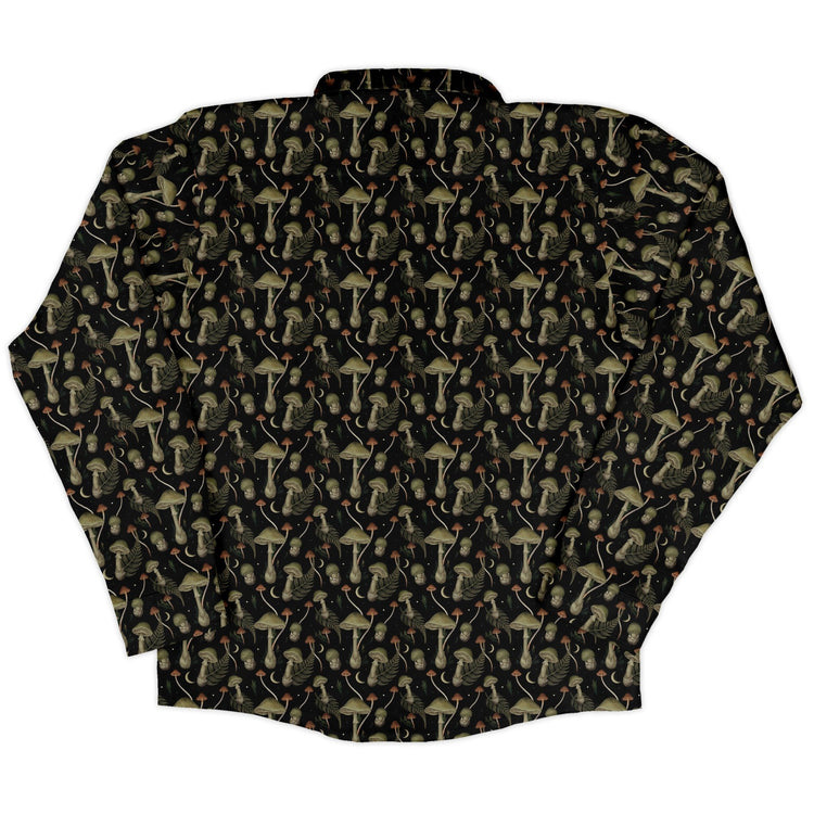 Episodic Mushroom Green Black Long Sleeve Button Up Shirt Geek Nerd adult sizing Botany Print Design by Episodic