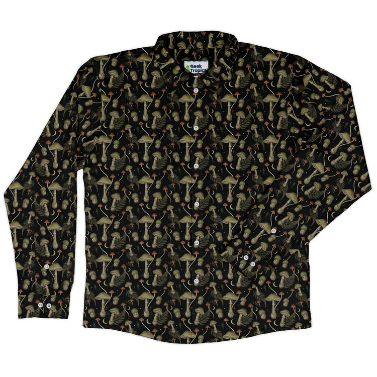 Episodic Mushroom Green Black Long Sleeve Button Up Shirt Geek Nerd adult sizing Botany Print Design by Episodic