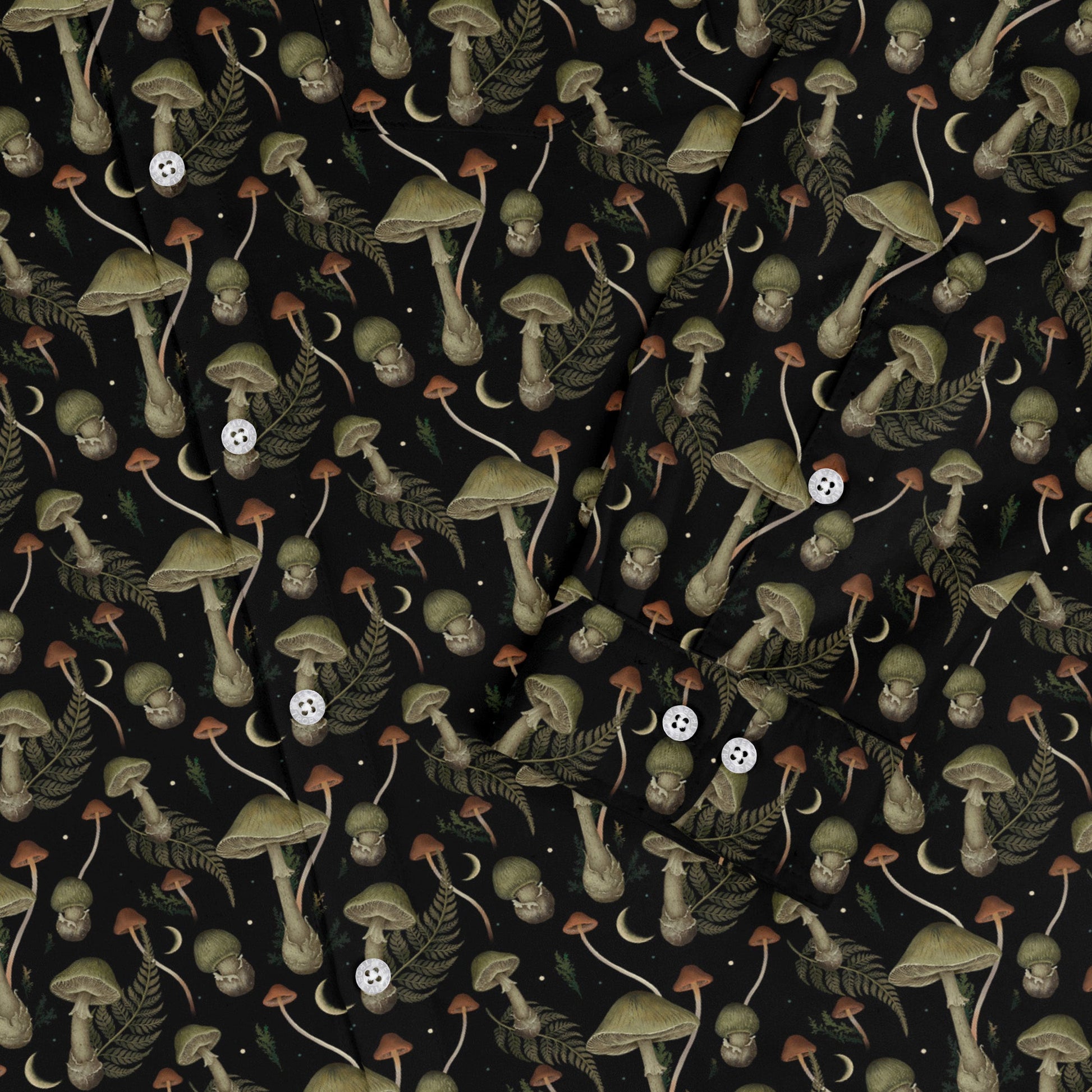 Episodic Mushroom Green Black Long Sleeve Button Up Shirt Geek Nerd adult sizing Botany Print Design by Episodic