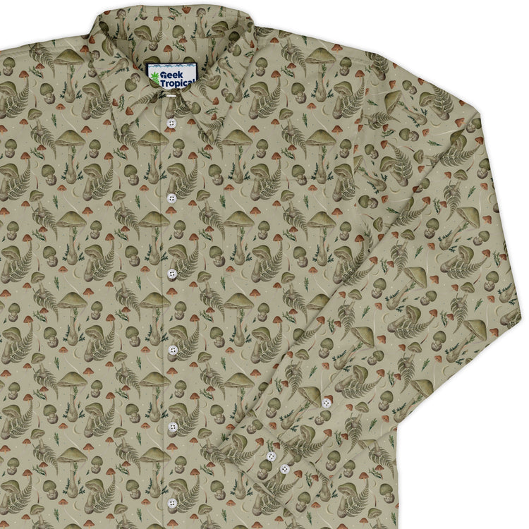 Episodic Mushroom Green Long Sleeve Button Up Shirt Geek Nerd adult sizing Botany Print Design by Episodic