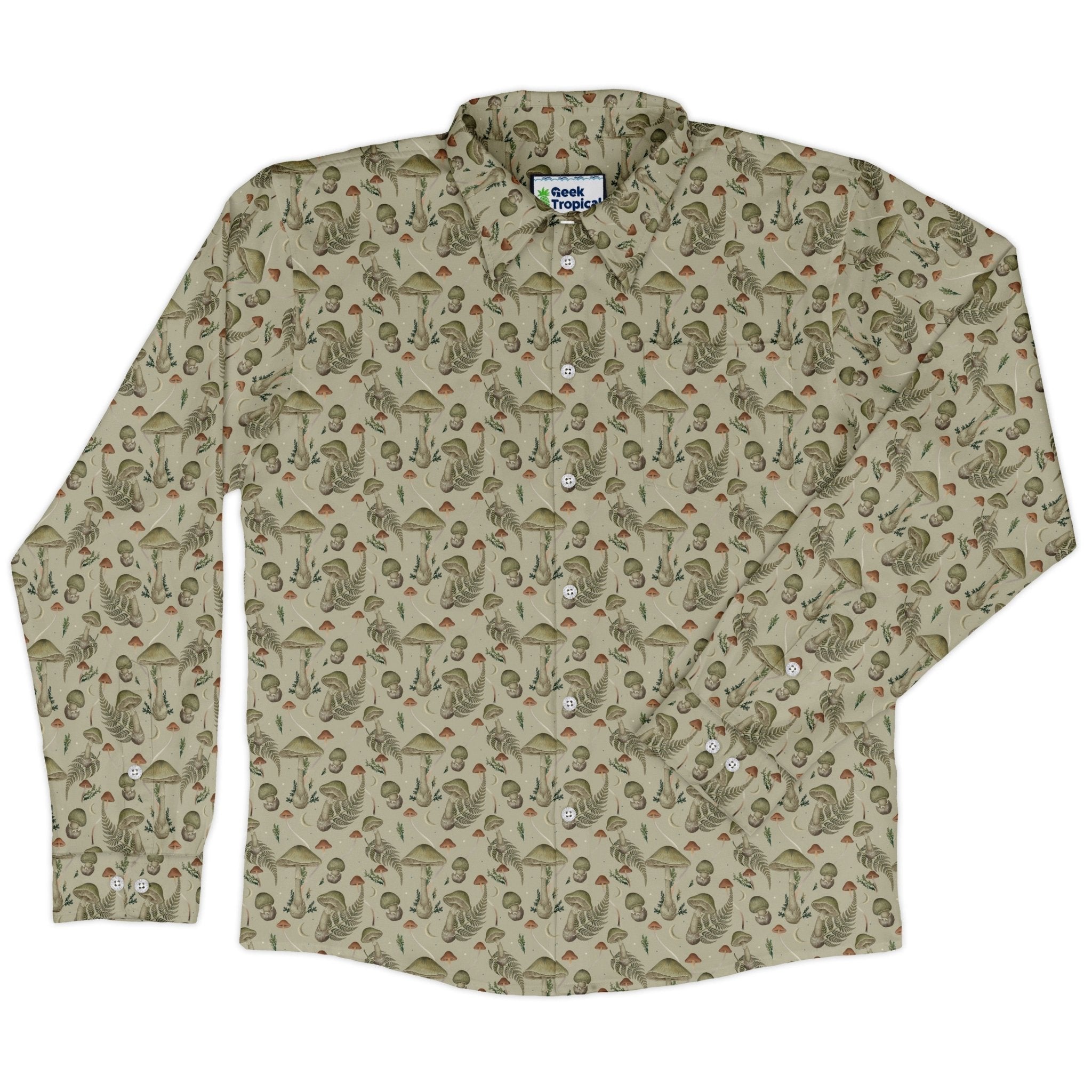 Episodic Mushroom Green Long Sleeve Button Up Shirt Geek Nerd adult sizing Botany Print Design by Episodic