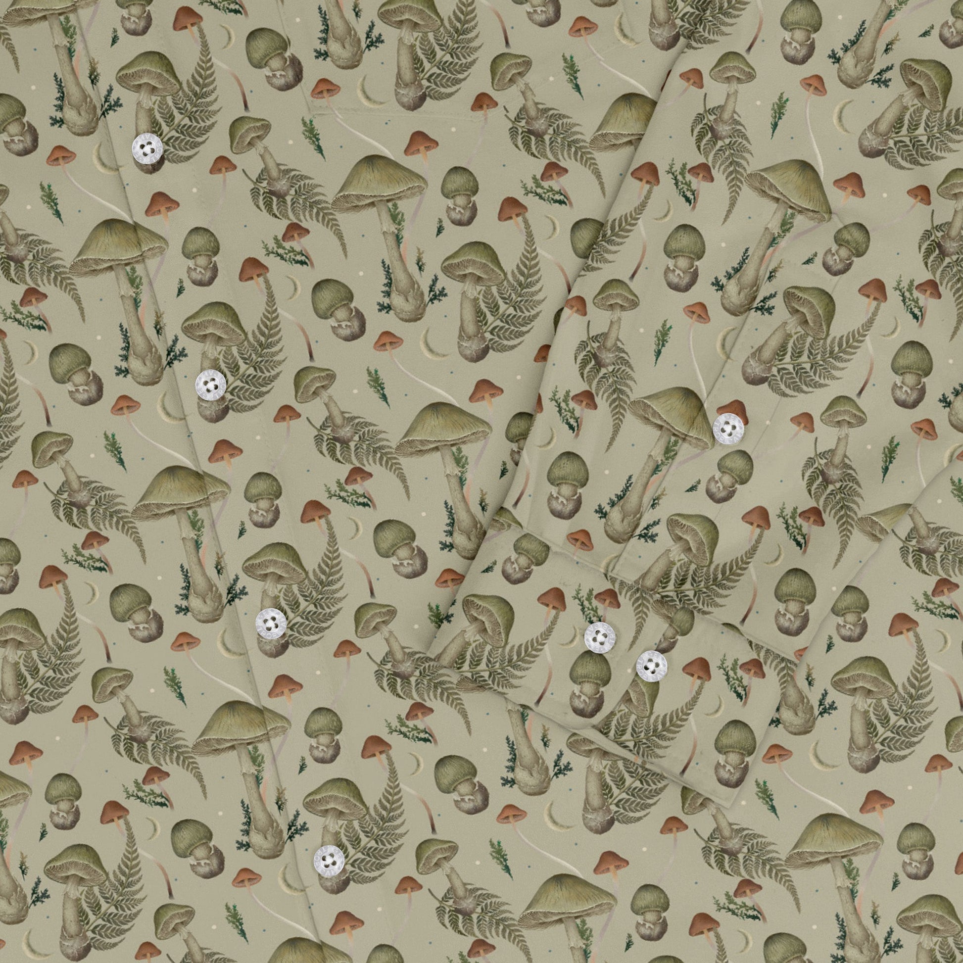 Episodic Mushroom Green Long Sleeve Button Up Shirt Geek Nerd adult sizing Botany Print Design by Episodic