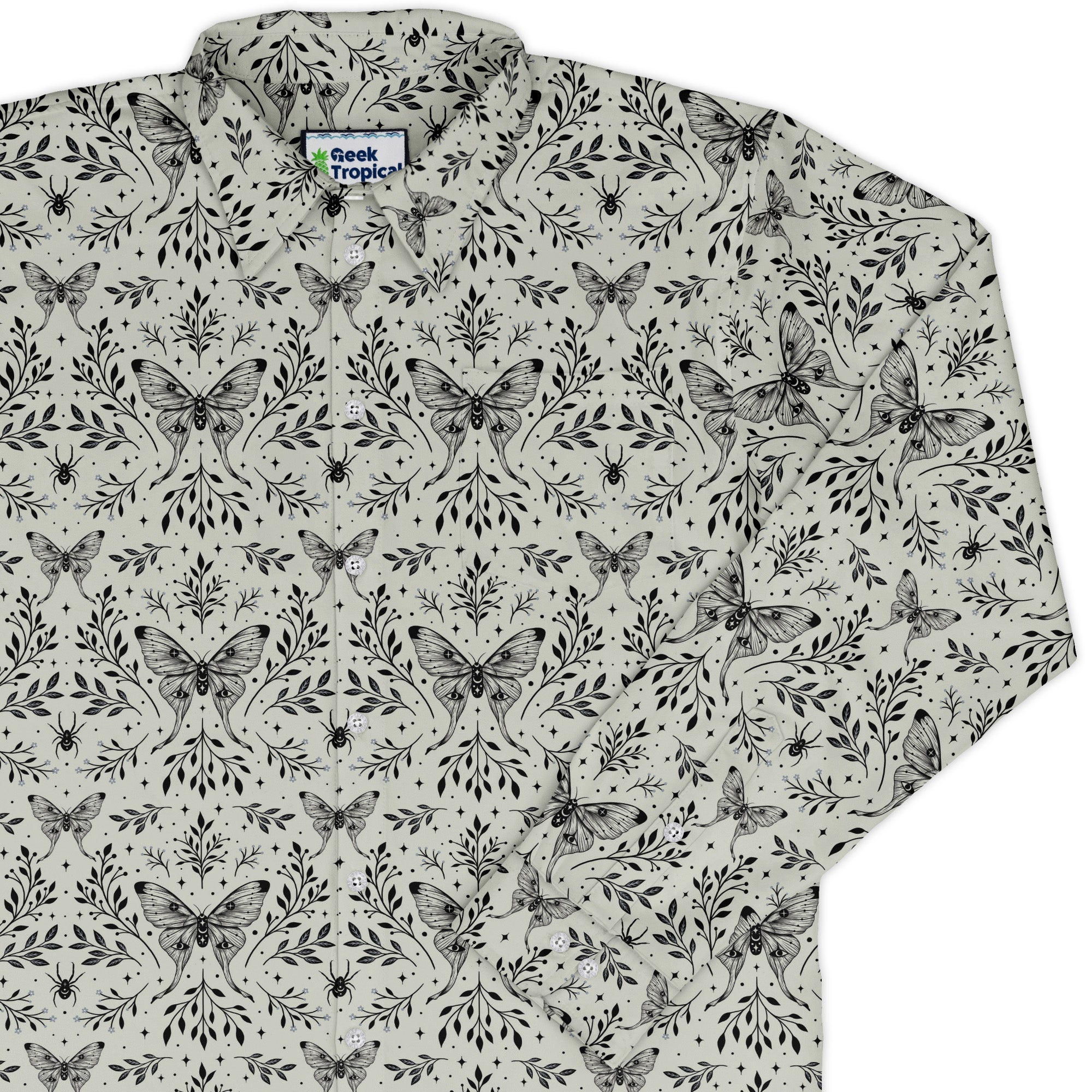Episodic Mystical Butterfly Long Sleeve Button Up Shirt Geek Nerd adult sizing Botany Print Design by Episodic