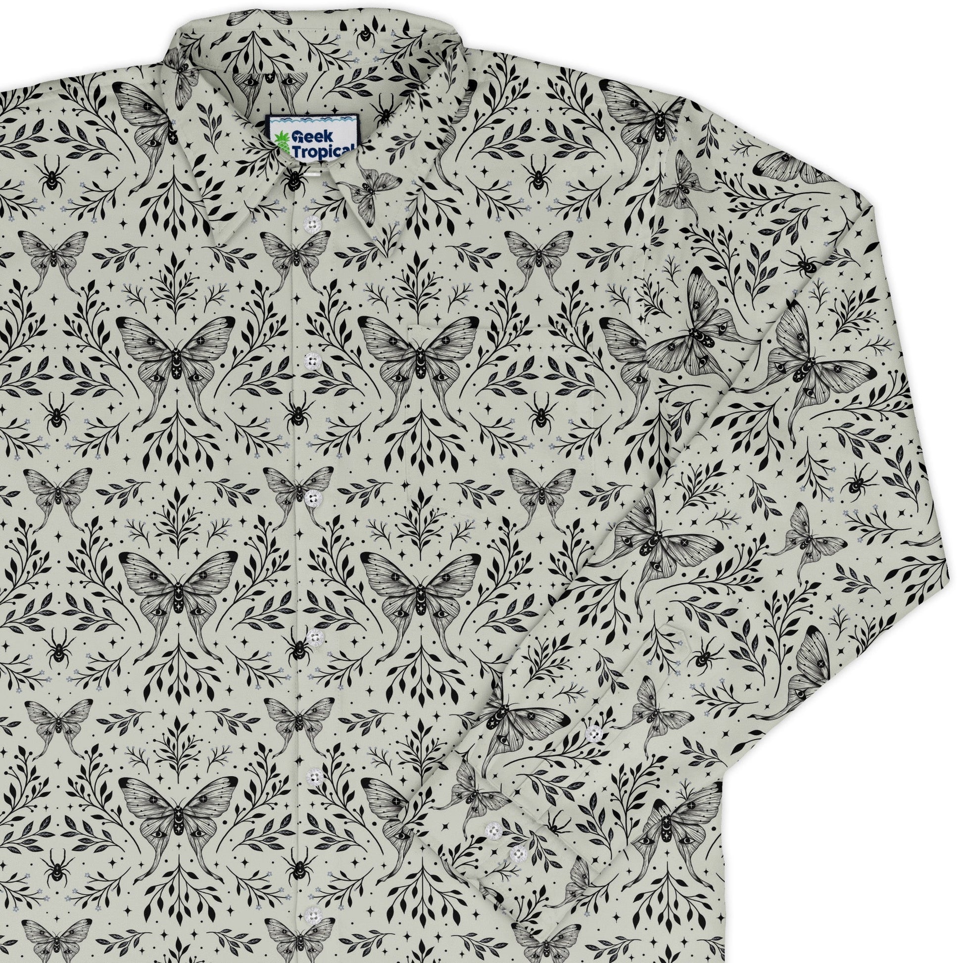 Episodic Mystical Butterfly Long Sleeve Button Up Shirt Geek Nerd adult sizing Botany Print Design by Episodic