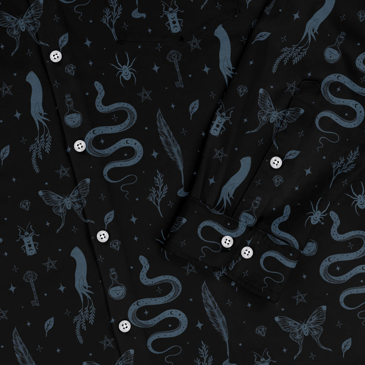 Episodic Mystical Collection Black Long Sleeve Button Up Shirt Geek Nerd adult sizing Botany Print Design by Episodic