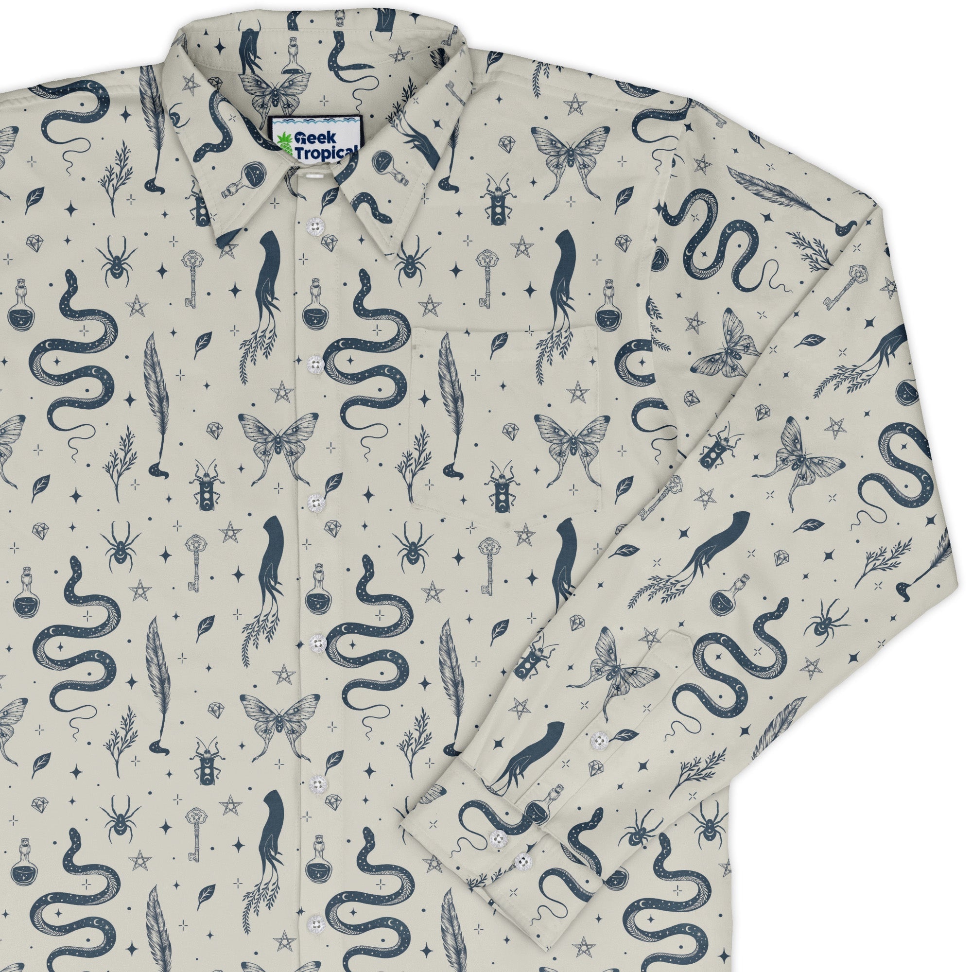 Episodic Mystical Collection Long Sleeve Button Up Shirt Geek Nerd adult sizing Botany Print Design by Episodic