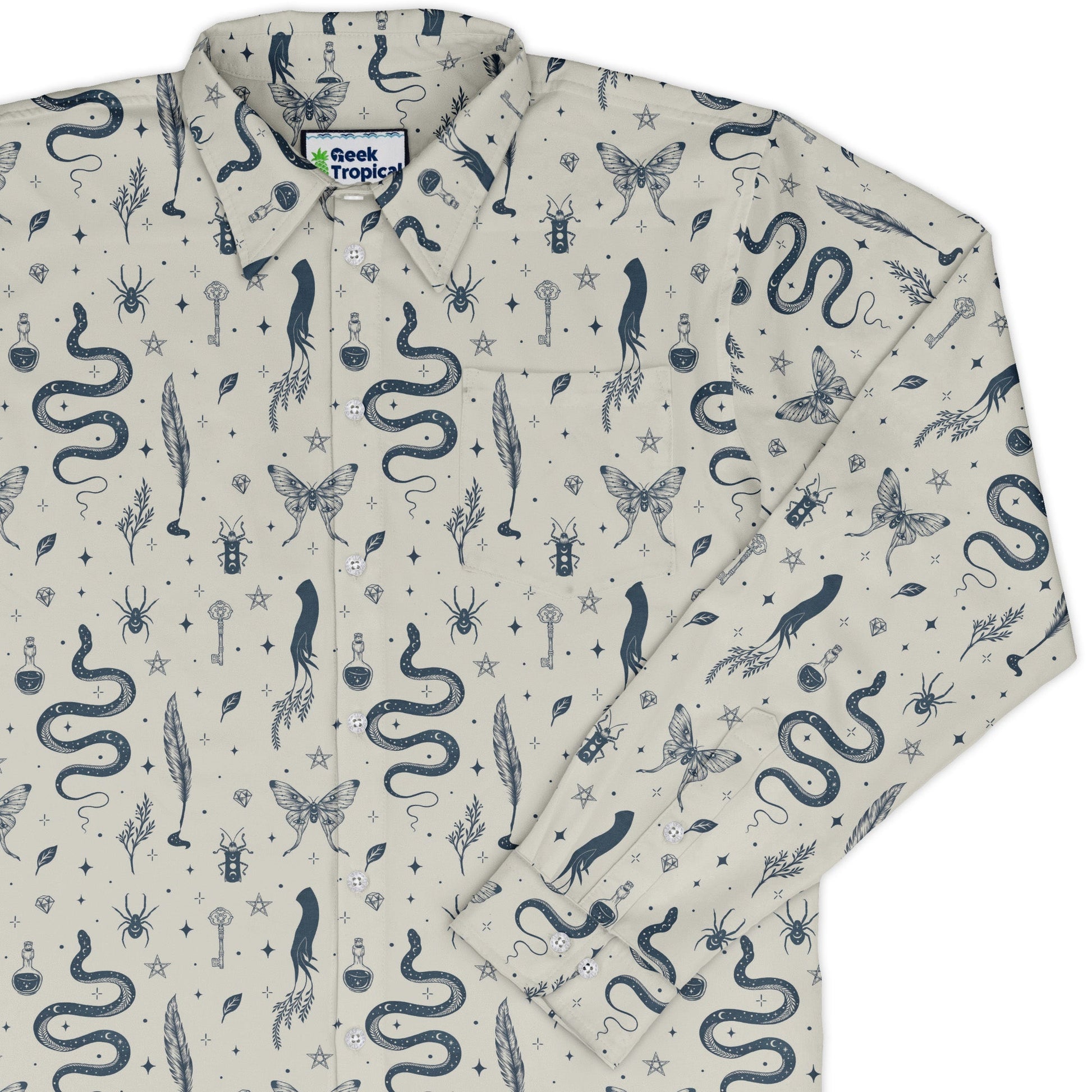 Episodic Mystical Collection Long Sleeve Button Up Shirt Geek Nerd adult sizing Botany Print Design by Episodic