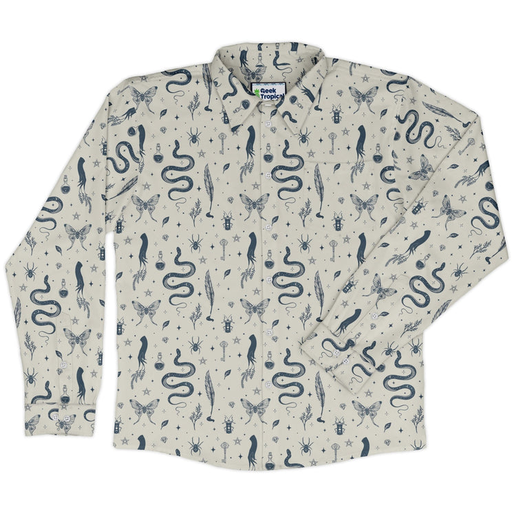 Episodic Mystical Collection Long Sleeve Button Up Shirt Geek Nerd adult sizing Botany Print Design by Episodic