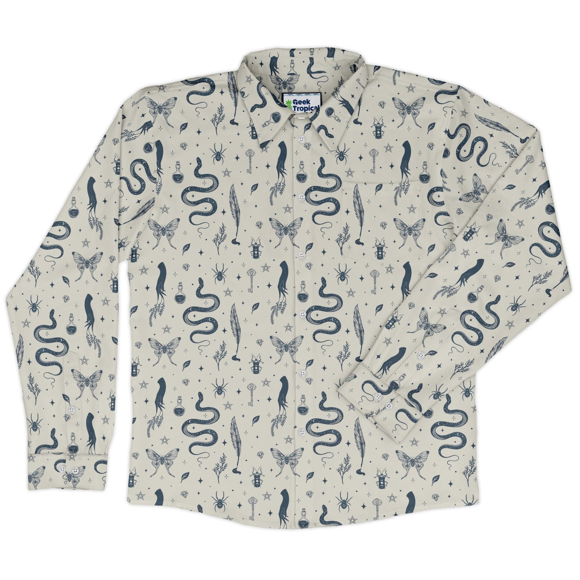 Episodic Mystical Collection Long Sleeve Button Up Shirt Geek Nerd adult sizing Botany Print Design by Episodic