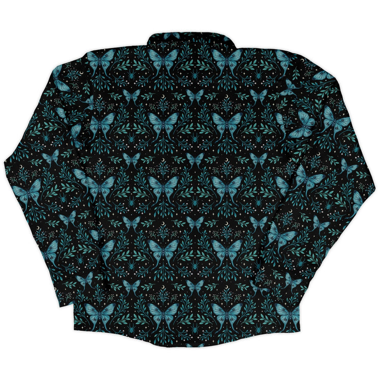 Episodic Mystical butterfly blue Long Sleeve Button Up Shirt Geek Nerd adult sizing Botany Print Design by Episodic