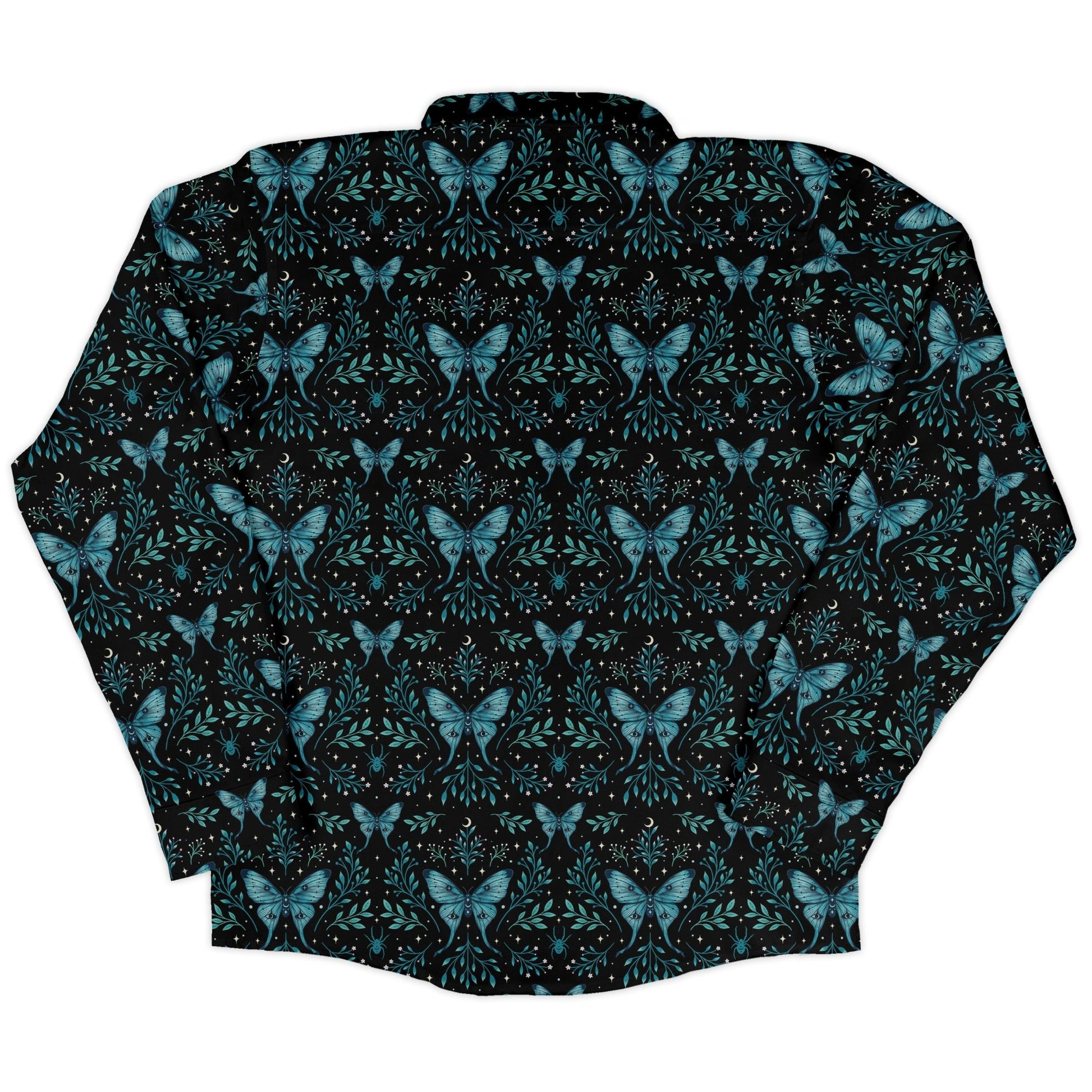 Episodic Mystical butterfly blue Long Sleeve Button Up Shirt Geek Nerd adult sizing Botany Print Design by Episodic