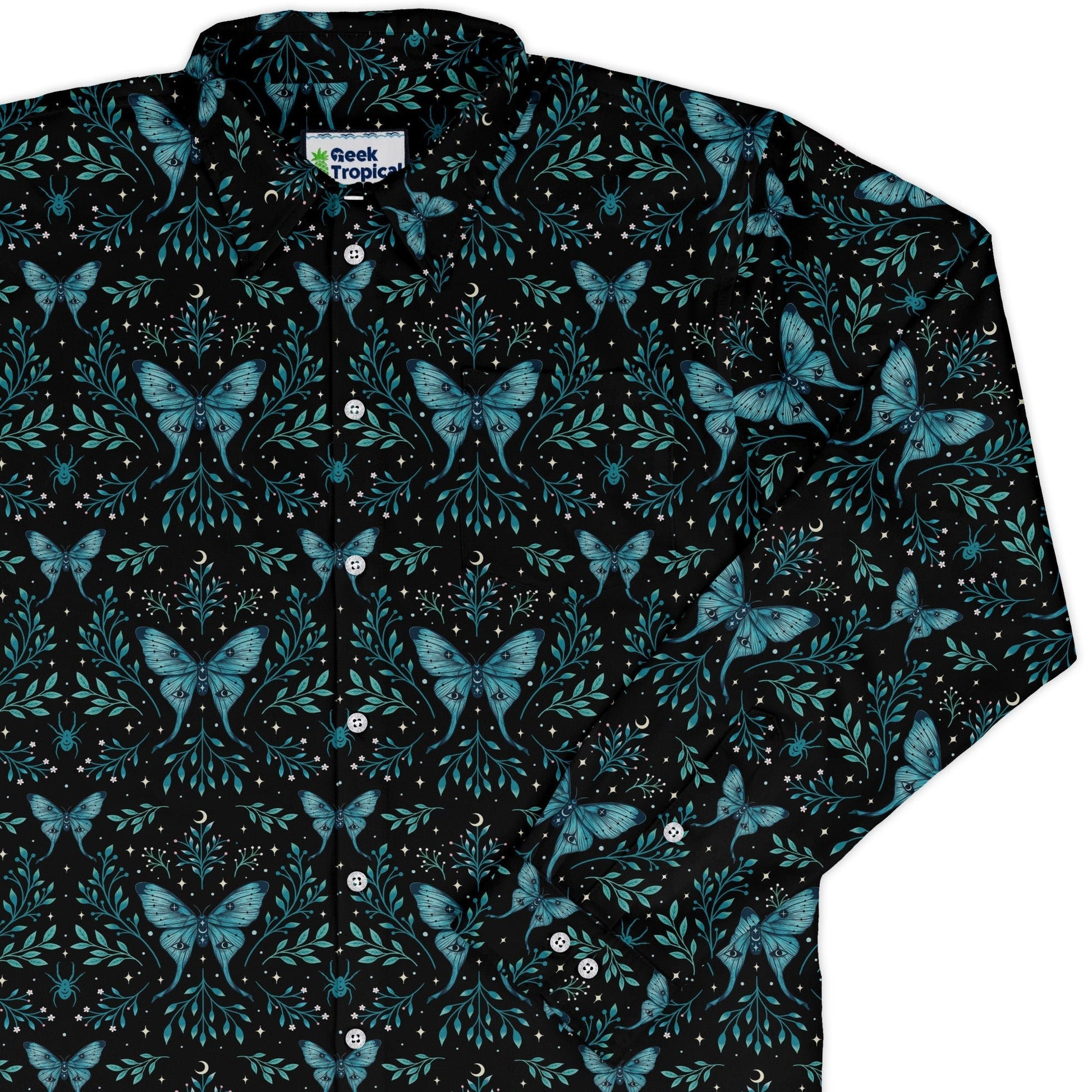 Episodic Mystical butterfly blue Long Sleeve Button Up Shirt Geek Nerd adult sizing Botany Print Design by Episodic