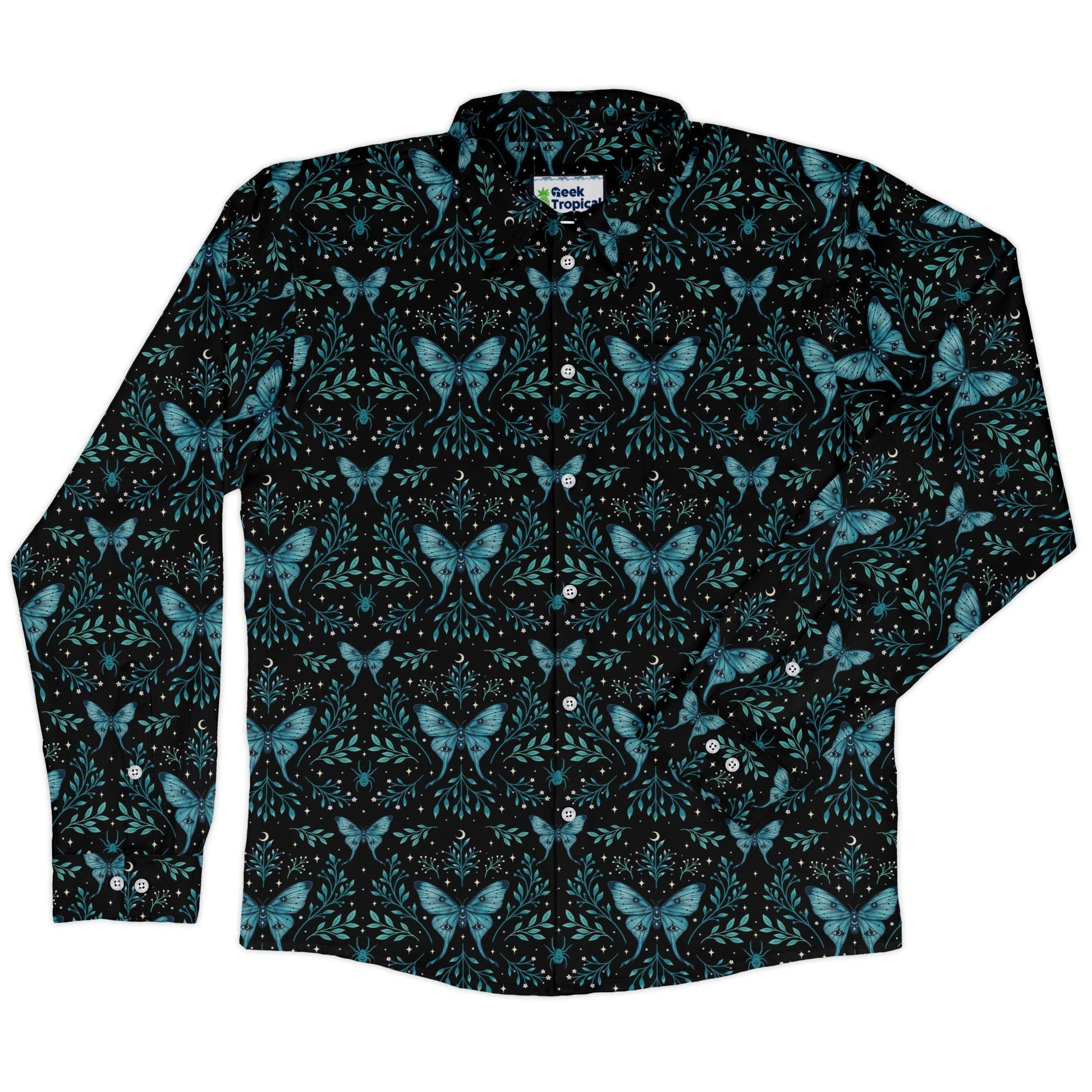 Episodic Mystical butterfly blue Long Sleeve Button Up Shirt Geek Nerd adult sizing Botany Print Design by Episodic