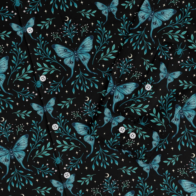 Episodic Mystical butterfly blue Long Sleeve Button Up Shirt Geek Nerd adult sizing Botany Print Design by Episodic