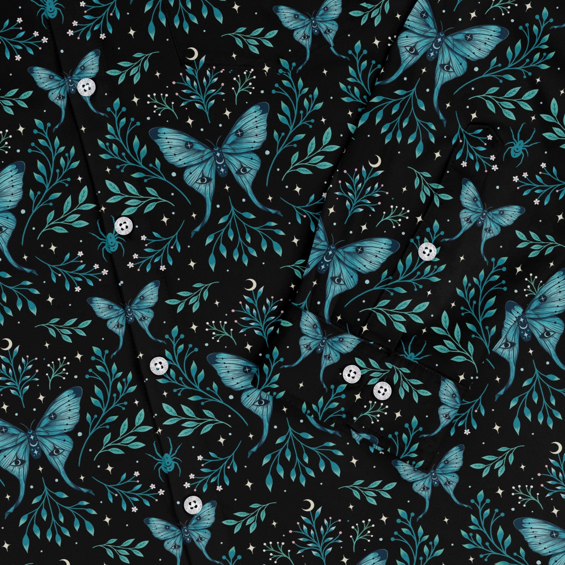 Episodic Mystical butterfly blue Long Sleeve Button Up Shirt Geek Nerd adult sizing Botany Print Design by Episodic