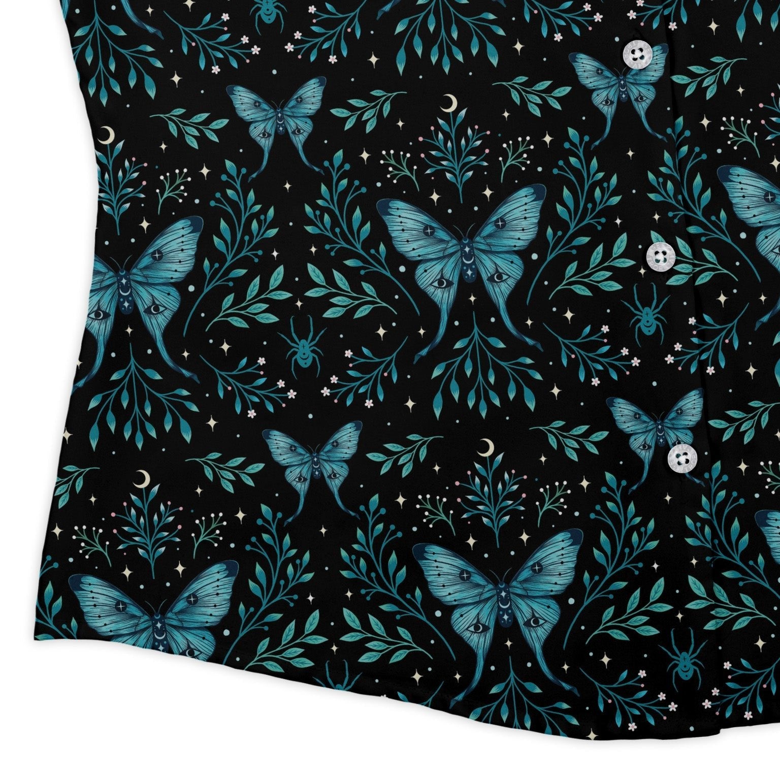 Episodic Mystical butterfly blue Curvy Button Up Shirt Geek Nerd Botany Print Design by Episodic women