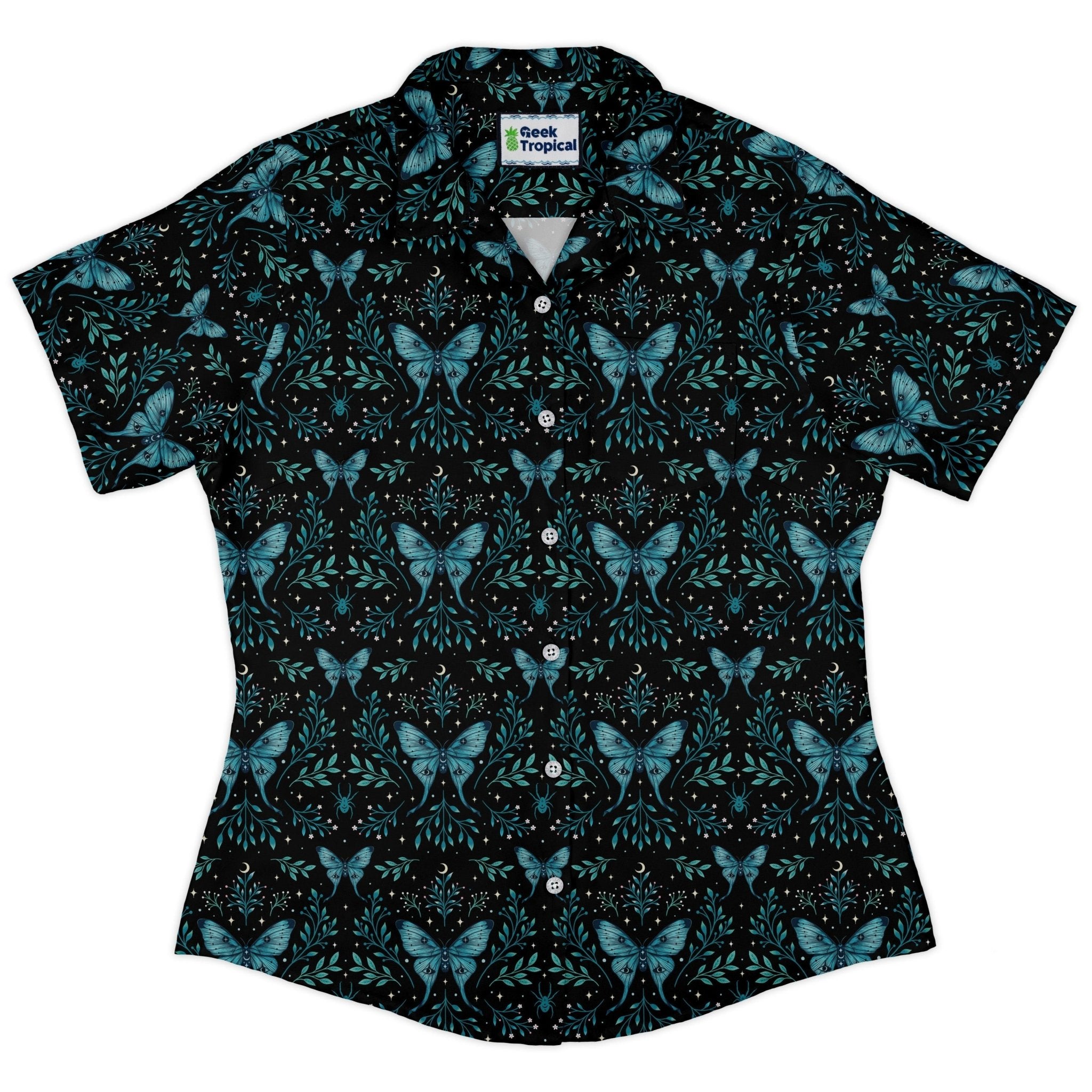 Episodic Mystical butterfly blue Curvy Button Up Shirt Geek Nerd Botany Print Design by Episodic women