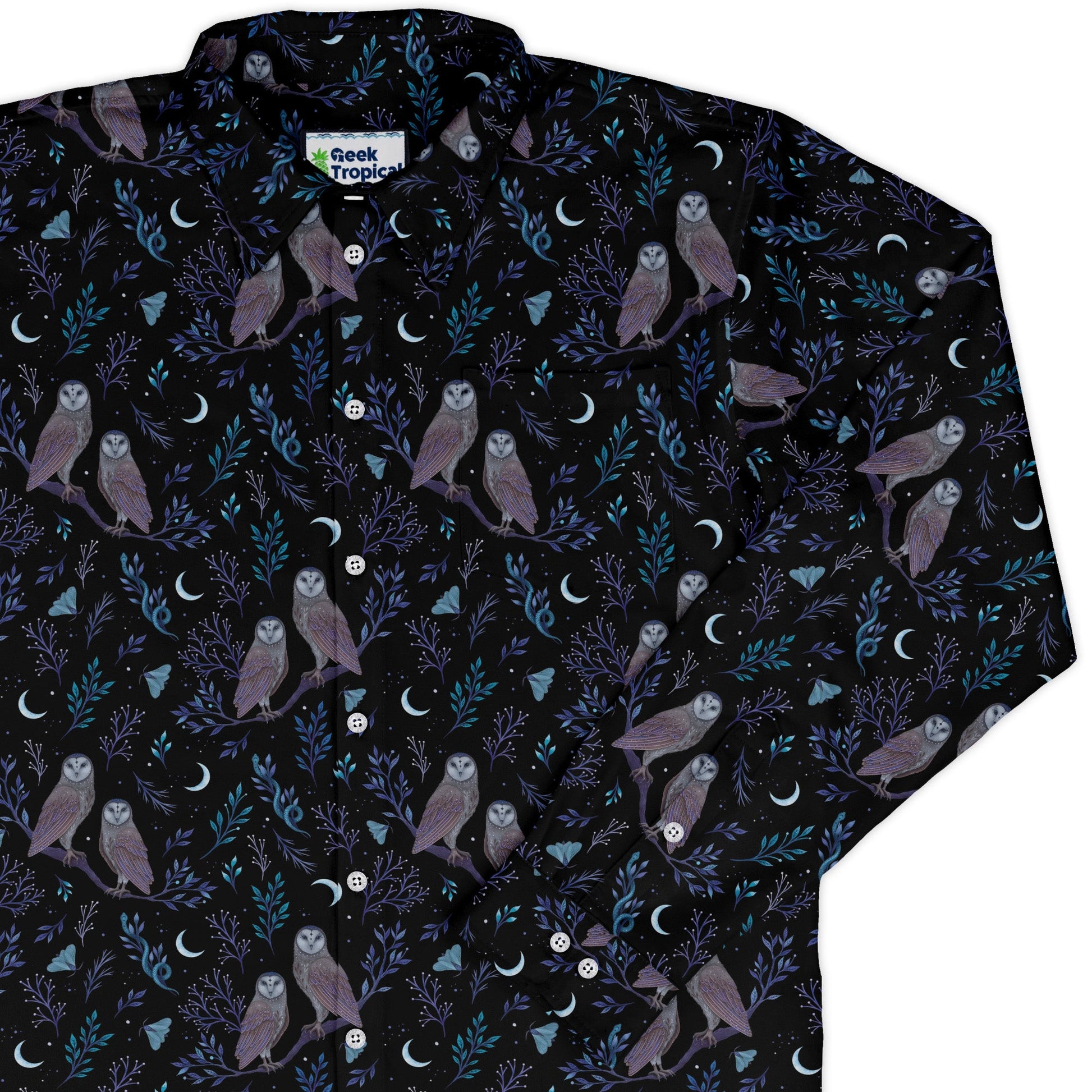 Episodic Owl Floral Long Sleeve Button Up Shirt Geek Nerd adult sizing All Adult Button Up Shirts Design by Episodic