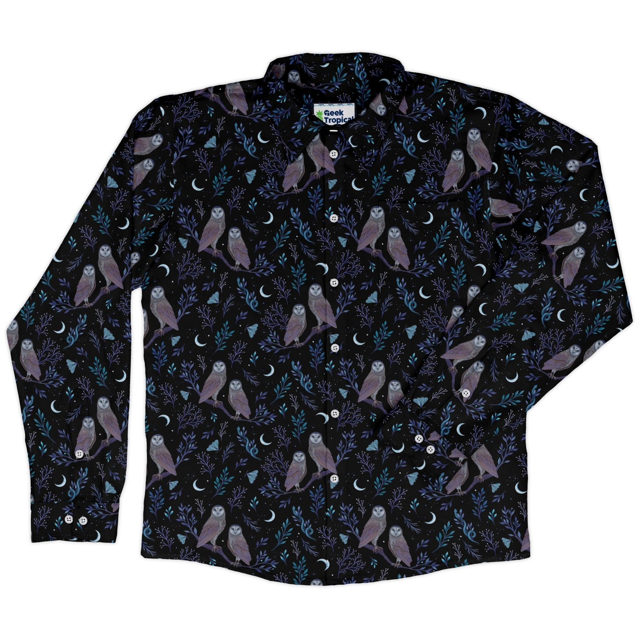 Episodic Owl Floral Long Sleeve Button Up Shirt Geek Nerd adult sizing All Adult Button Up Shirts Design by Episodic