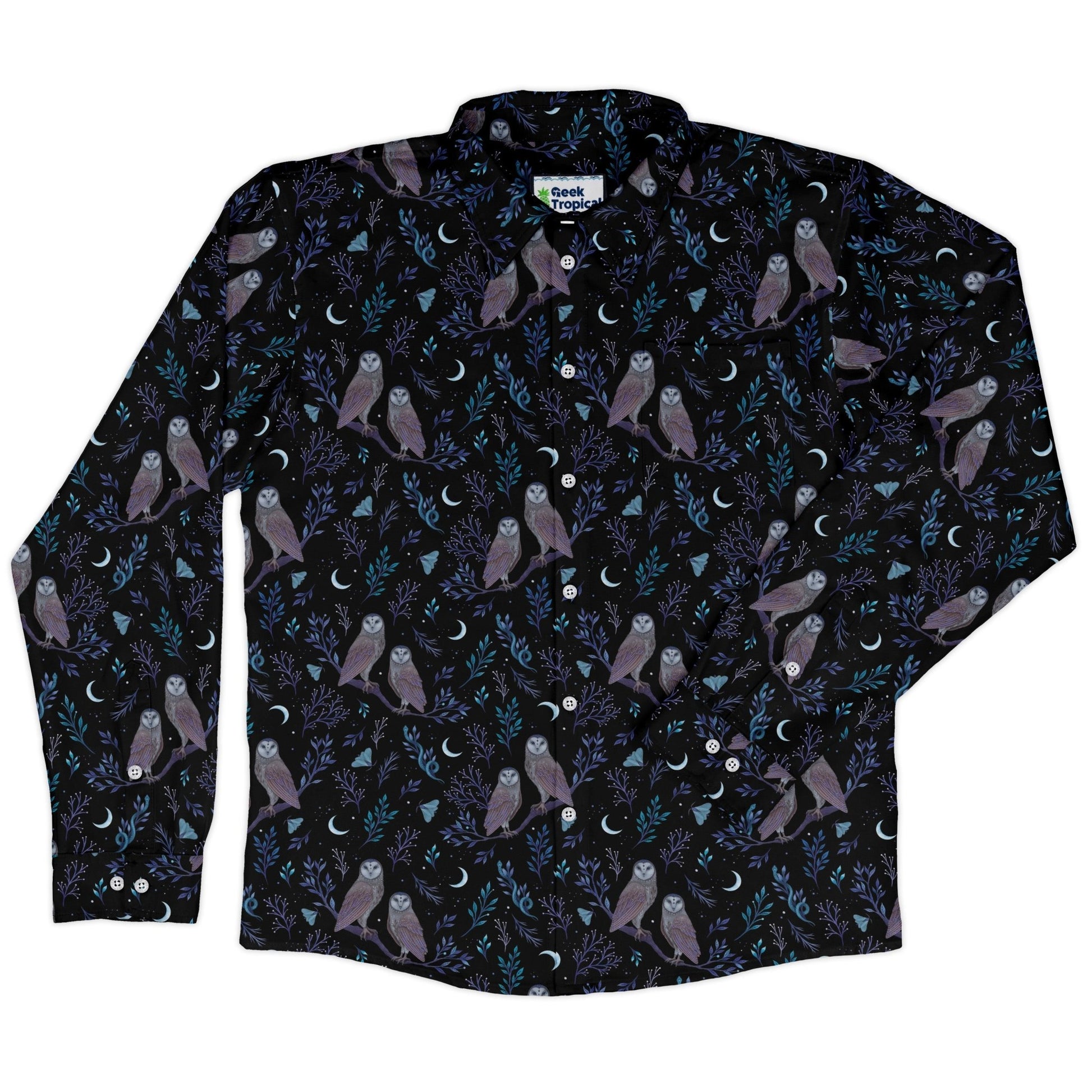 Episodic Owl Floral Long Sleeve Button Up Shirt Geek Nerd adult sizing All Adult Button Up Shirts Design by Episodic
