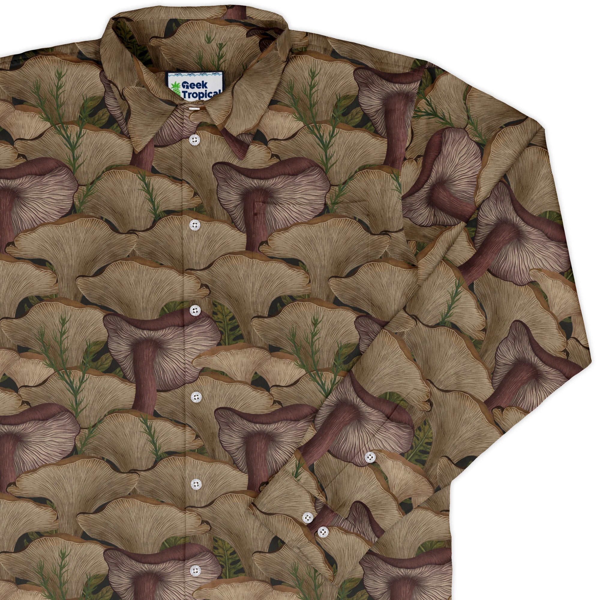Episodic Oyster Mushroom Long Sleeve Button Up Shirt Geek Nerd adult sizing Botany Print Design by Episodic