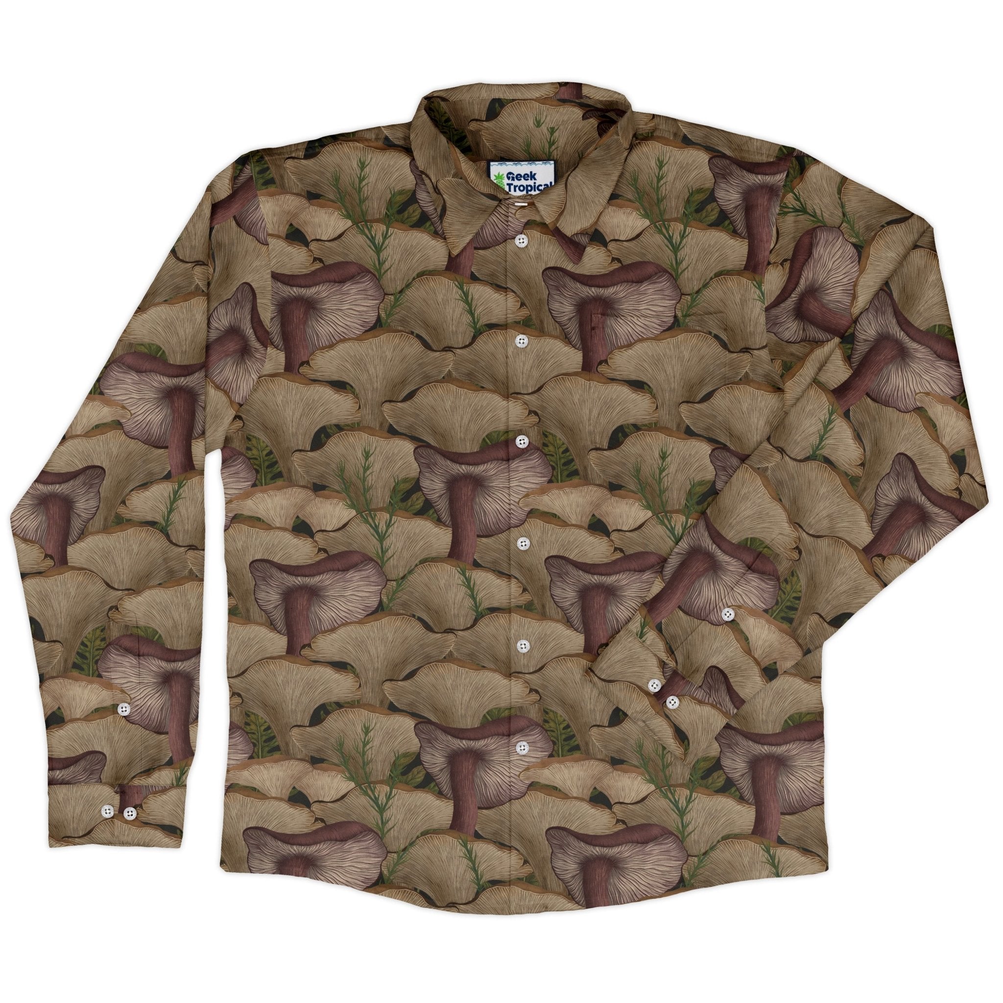 Episodic Oyster Mushroom Long Sleeve Button Up Shirt Geek Nerd adult sizing Botany Print Design by Episodic