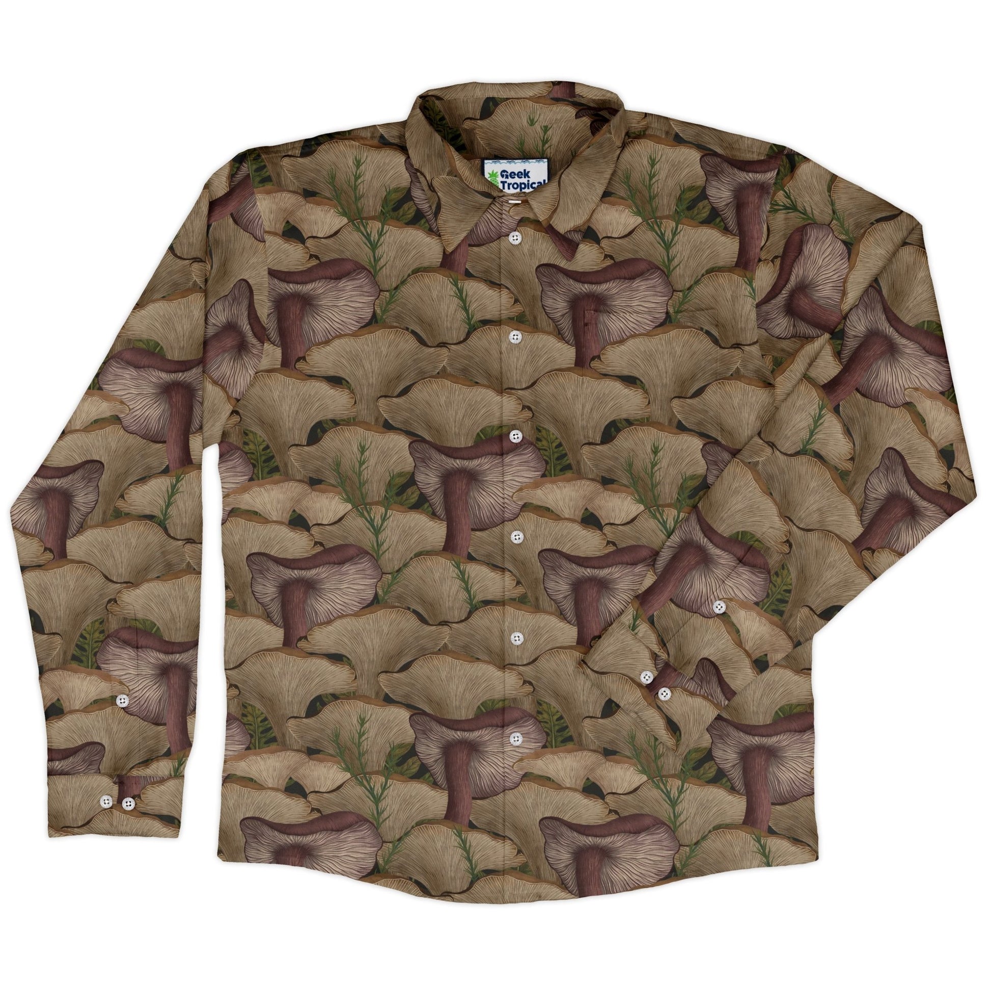Episodic Oyster Mushroom Long Sleeve Button Up Shirt Geek Nerd adult sizing Botany Print Design by Episodic