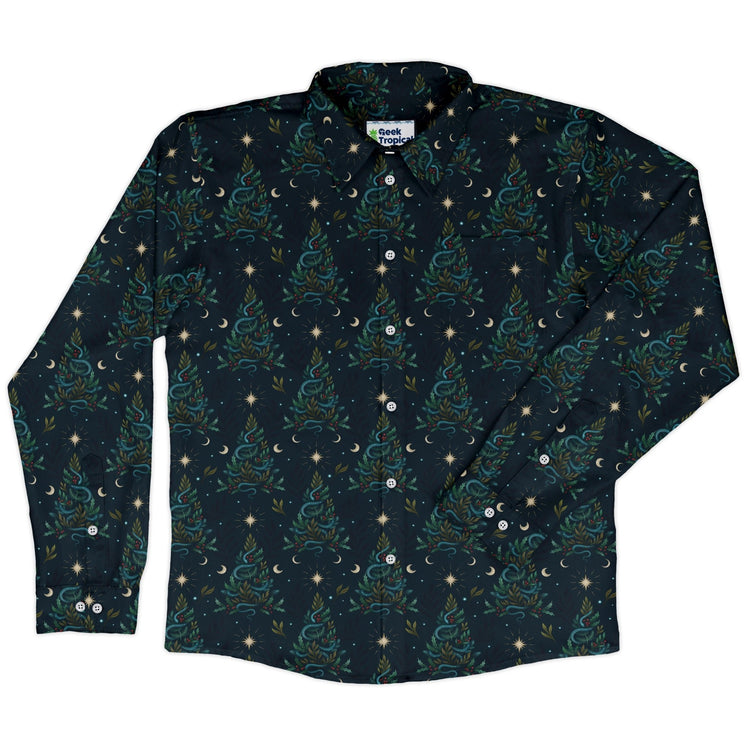 Episodic Serpent Christmas Long Sleeve Button Up Shirt Geek Nerd adult sizing Botany Print Christmas Print