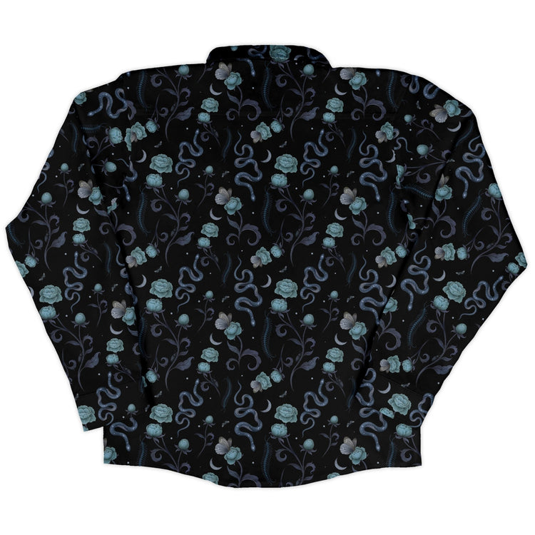 Episodic Serpent Garden Blue Space Long Sleeve Button Up Shirt Geek Nerd adult sizing Animal Patterns Botany Print
