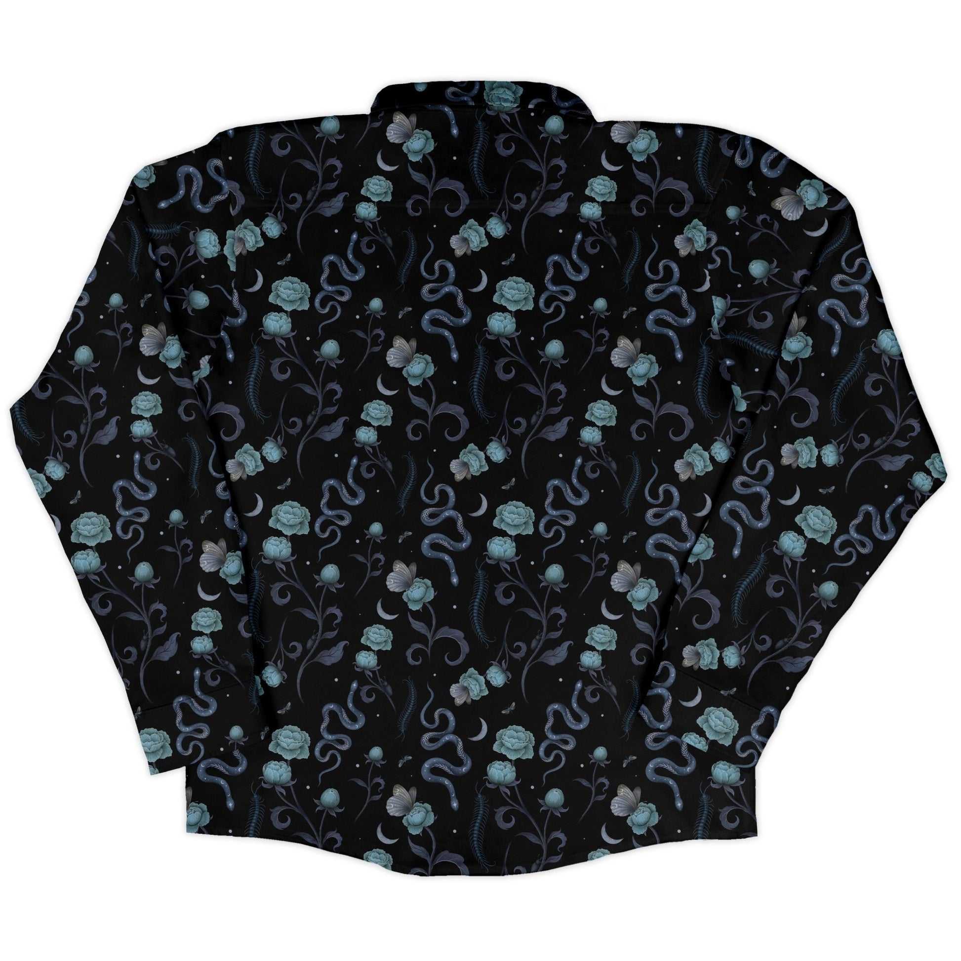 Episodic Serpent Garden Blue Space Long Sleeve Button Up Shirt Geek Nerd adult sizing Animal Patterns Botany Print