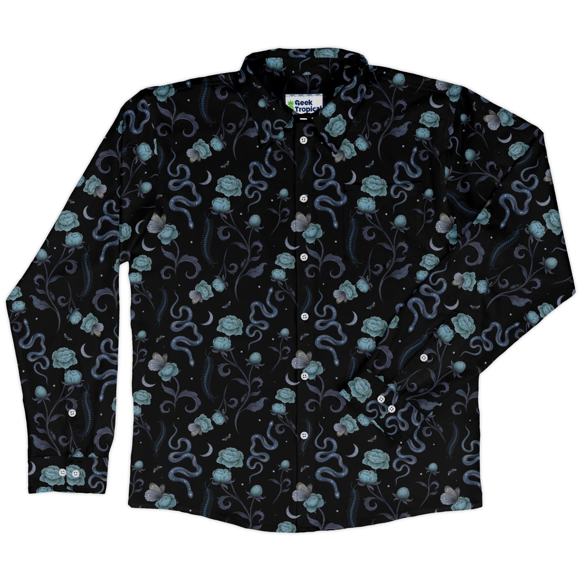 Episodic Serpent Garden Blue Space Long Sleeve Button Up Shirt Geek Nerd adult sizing Animal Patterns Botany Print