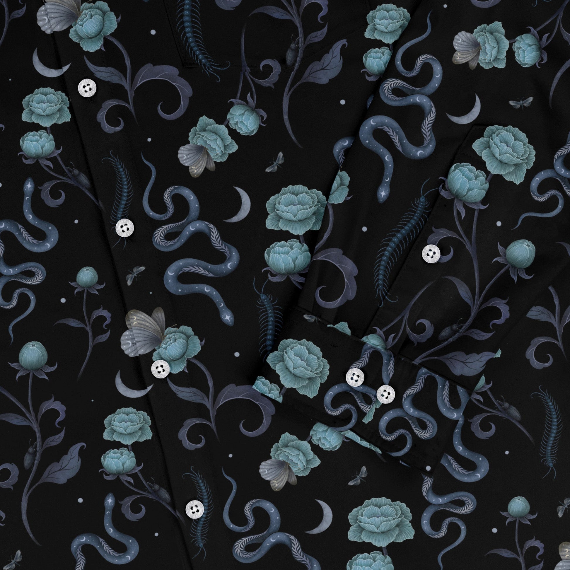 Episodic Serpent Garden Blue Space Long Sleeve Button Up Shirt Geek Nerd adult sizing Animal Patterns Botany Print