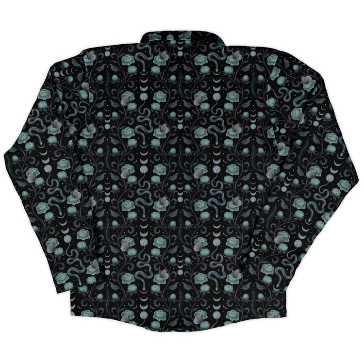 Episodic Serpent Garden Blue Long Sleeve Button Up Shirt Geek Nerd adult sizing Animal Patterns Botany Print