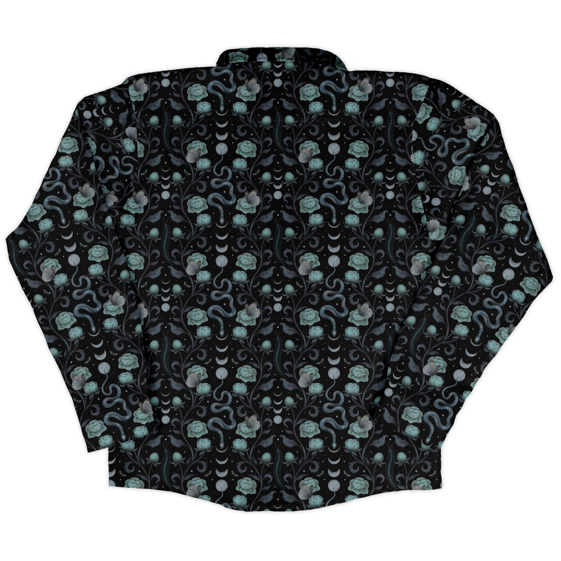 Episodic Serpent Garden Blue Long Sleeve Button Up Shirt Geek Nerd adult sizing Animal Patterns Botany Print