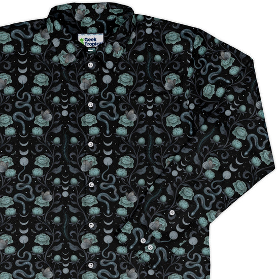 Episodic Serpent Garden Blue Long Sleeve Button Up Shirt Geek Nerd adult sizing Animal Patterns Botany Print