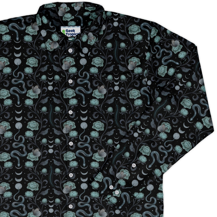 Episodic Serpent Garden Blue Long Sleeve Button Up Shirt Geek Nerd adult sizing Animal Patterns Botany Print