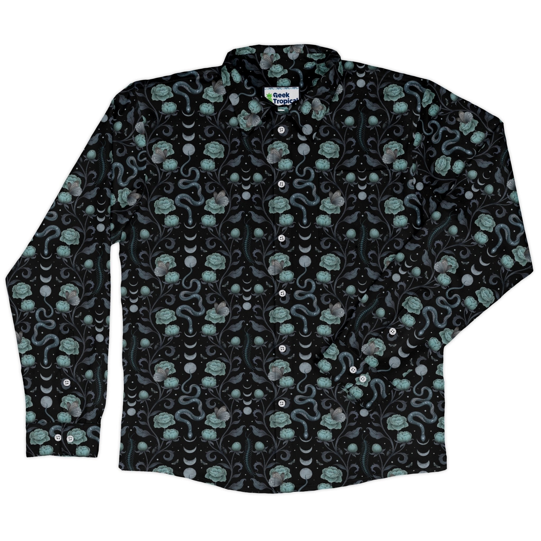 Episodic Serpent Garden Blue Long Sleeve Button Up Shirt Geek Nerd adult sizing Animal Patterns Botany Print