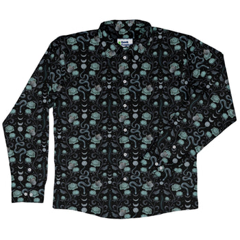 Episodic Serpent Garden Blue Long Sleeve Button Up Shirt Geek Nerd adult sizing Animal Patterns Botany Print