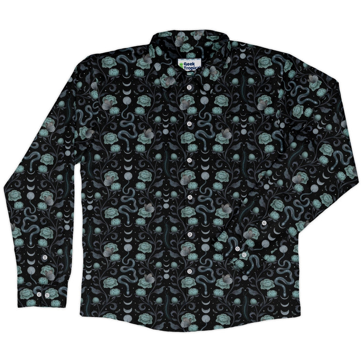Episodic Serpent Garden Blue Long Sleeve Button Up Shirt Geek Nerd adult sizing Animal Patterns Botany Print