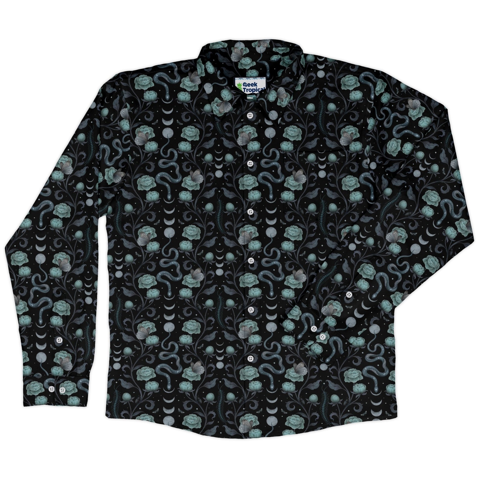 Episodic Serpent Garden Blue Long Sleeve Button Up Shirt Geek Nerd adult sizing Animal Patterns Botany Print