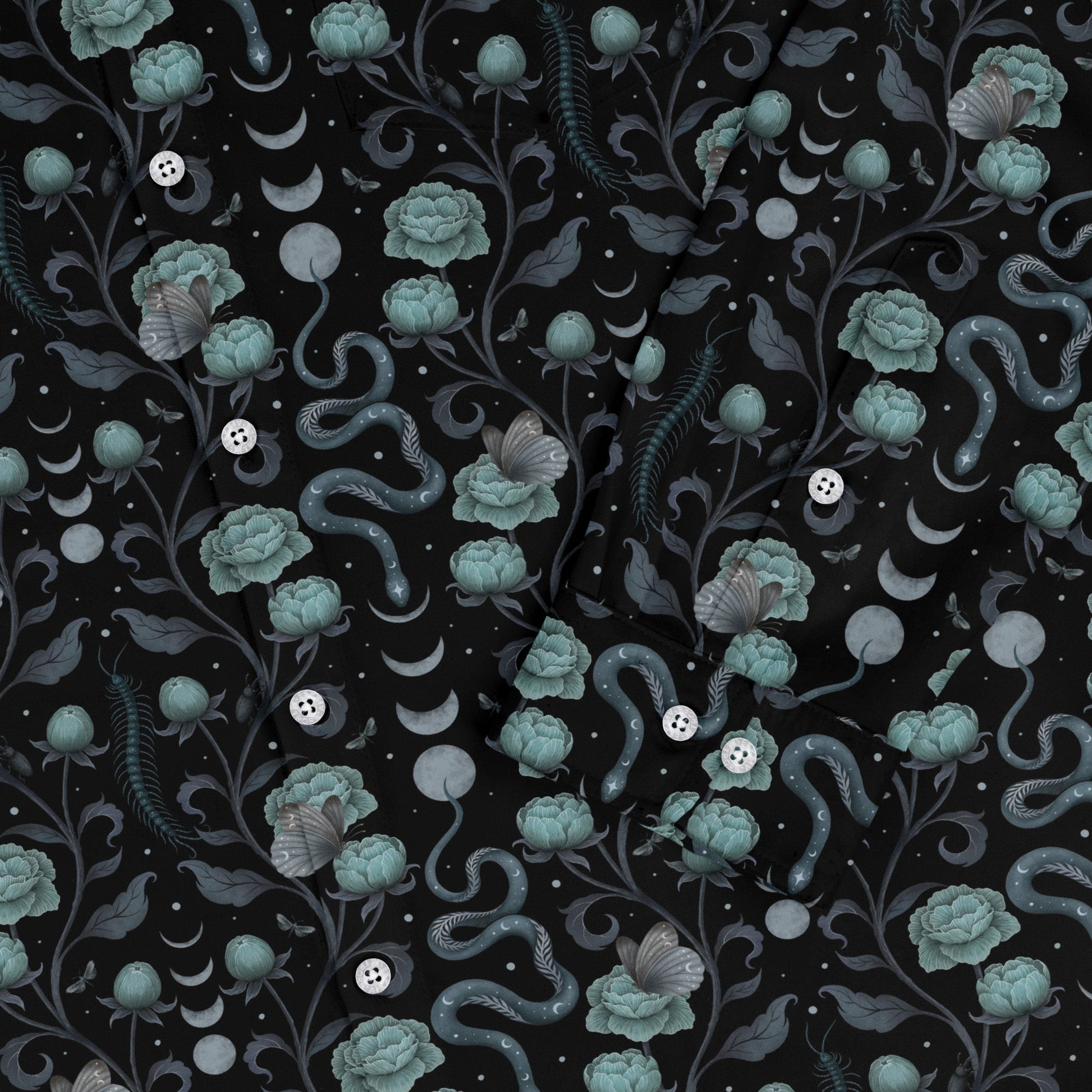 Episodic Serpent Garden Blue Long Sleeve Button Up Shirt Geek Nerd adult sizing Animal Patterns Botany Print