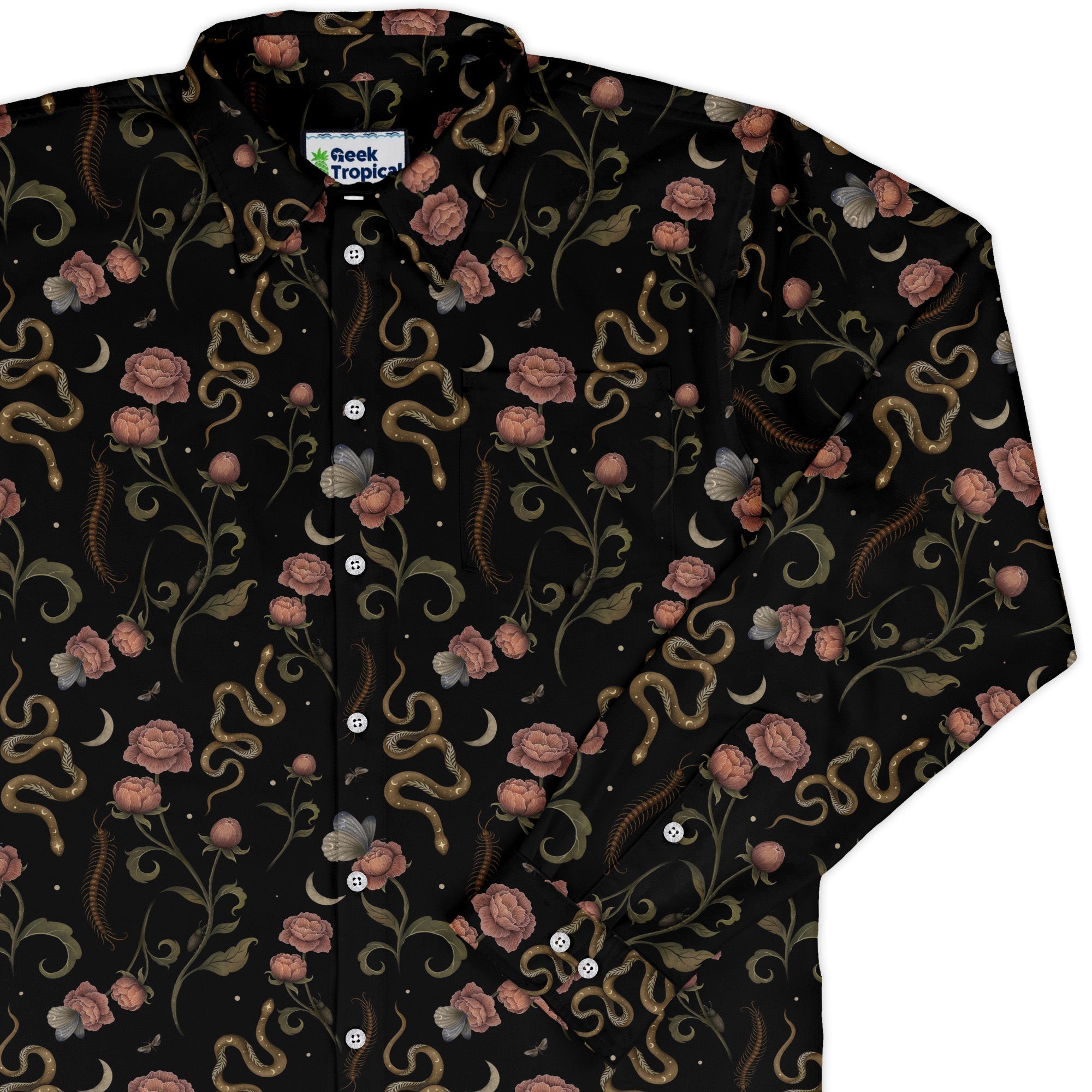 Episodic Serpent Garden Pink Space Long Sleeve Button Up Shirt Geek Nerd adult sizing Animal Patterns Botany Print
